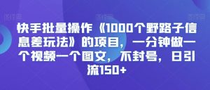 快手批量操作《1000个野路子信息差玩法》的项目,一分钟做一个视频一个图文,不封号,日引流150+【揭秘】-知乎者也