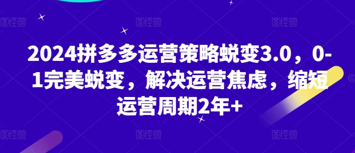 2024拼多多运营策略蜕变3.0,0-1完美蜕变,解决运营焦虑,缩短运营周期2年+-知乎者也