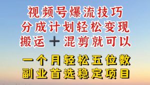 视频号爆流技巧，分成计划轻松变现，搬运 +混剪就可以，一个月轻松五位数稳定项目【揭秘】-知乎者也