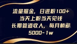 流量掘金,日进粉100+,当天上粉当天见钱,长期管道收入,每月躺挣5k-知乎者也