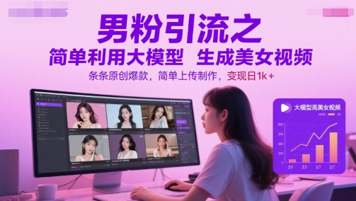 男粉引流之简单利用大模型生成美女视频，条条原创爆款，简单上传制作，变现日1k+-知乎者也