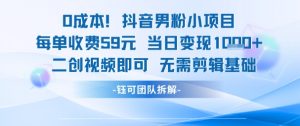 0成本，抖音男粉小项目 每单收费59元当日变现1k+ 二创视频即可无需剪辑基础-知乎者也