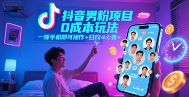 抖音男粉项目0成本玩法，一部手机即可操作，日均4张+，时间自由-知乎者也