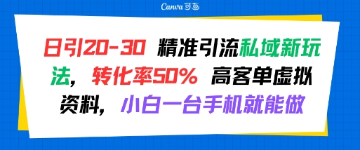 日引 20-30 精准引流私域新玩法，转化率50% 高客单虚拟资料，小白一台手机就能做-知乎者也