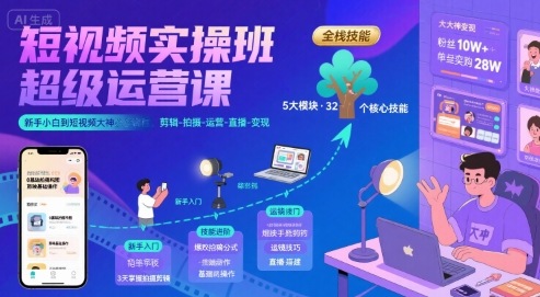 短视频实操班超级运营课,新手小白到短视频大神必修课程,剪辑-拍摄-运营-直播-变现-知乎者也