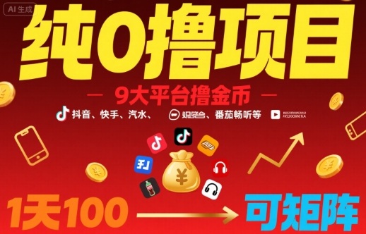 纯0撸项目,9大平台撸金币,抖音,快手,汽水,番茄畅听等,1天100,可矩阵-知乎者也