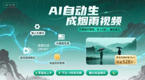 不用拍不用剪!AI自动生成烟雨视频,日入5张+,睡后收入-知乎者也