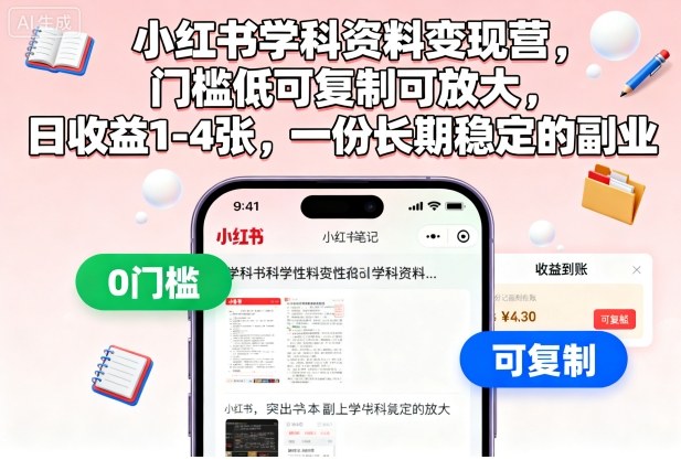 小红书学科资料变现营,门槛低可复制可放大,日收益1-4张,一份长期稳定的副业-知乎者也