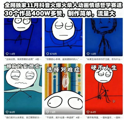 全网独家11月抖音火爆火柴人动画情感哲学赛道,30个作品400W多赞,制作简单,流量大【教学+素材】-知乎者也