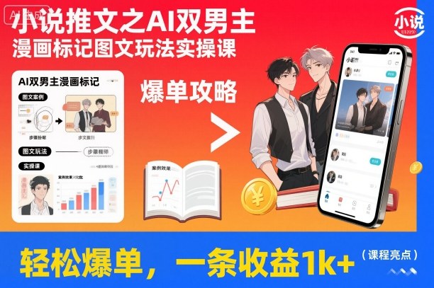小说推文之AI双男主漫画标记图文玩法实操课,轻松爆单,一条收益1k+-知乎者也