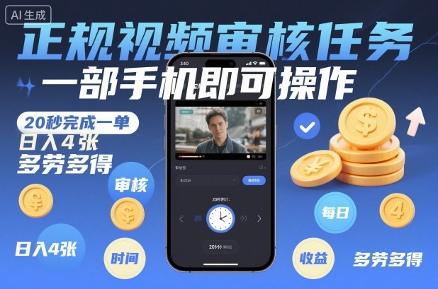 正规视频审核任务,一部手机即可操作,20秒完成一单,日入4张,多劳多得【揭秘】-知乎者也