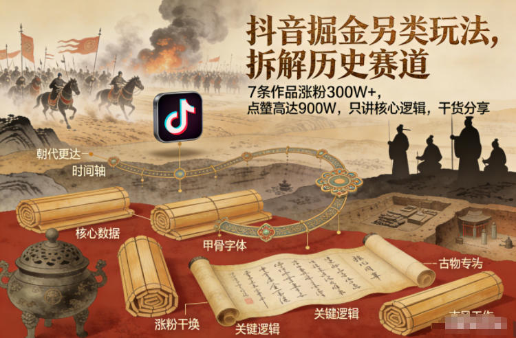 抖音掘金另类玩法，拆解历史赛道，7条作品涨粉300W+，点赞量高达900W，只讲核心逻辑，干货分享-知乎者也