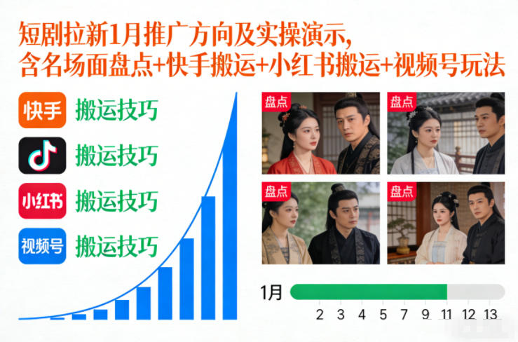 短剧拉新1月推广方向及实操演示,含名场面盘点+快手搬运+小红书搬运+视频号玩法-知乎者也